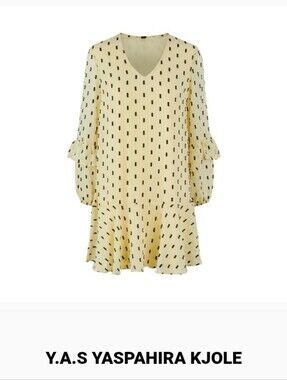 Y.A.S YAS Golden Haze Dress  Tan-Yellow + Black Ribbon, Flounce Sleeves Sz S New